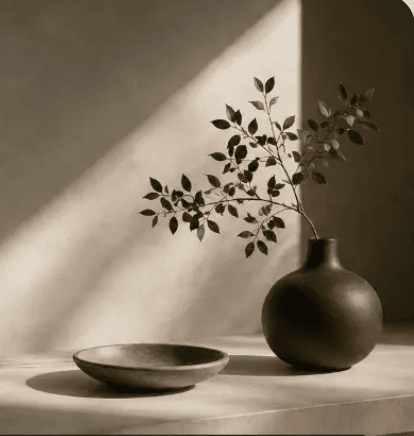 Still life with vase, branch, and stone bowl